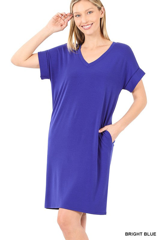 V-Neck Dress Women's Rolled Short Sleeve