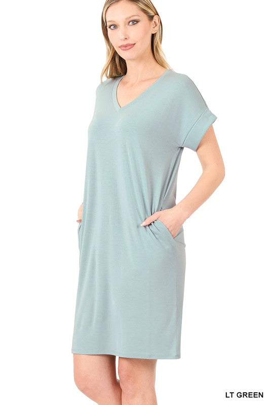 V-Neck Dress Women's Rolled Short Sleeve