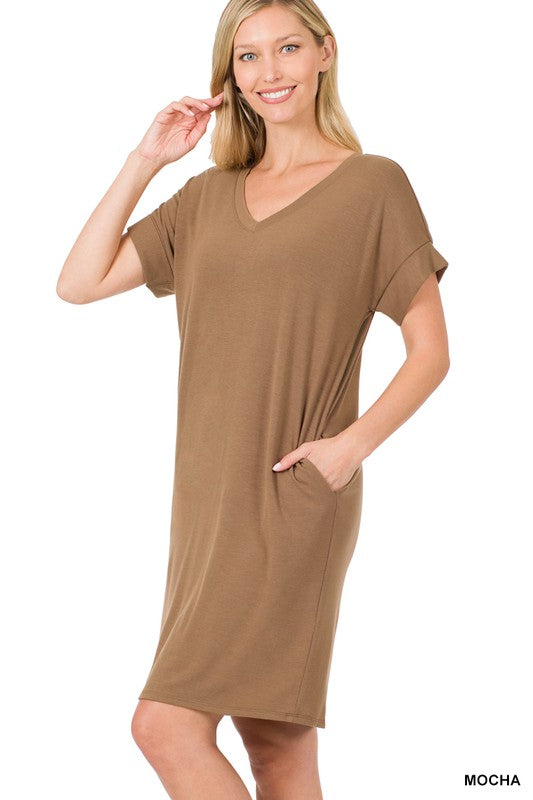 V-Neck Dress Women's Rolled Short Sleeve