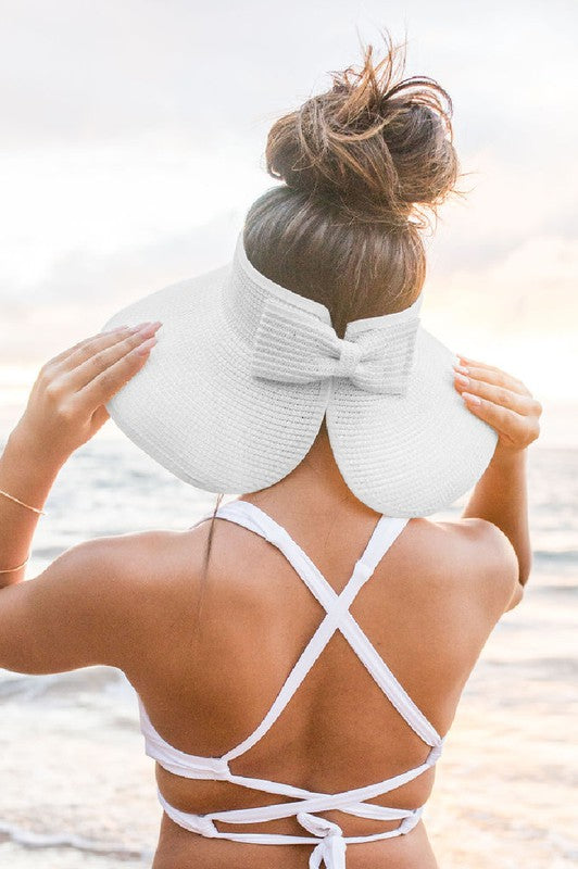 Straw Sun Hat-Foldable Visor with Wide Brim Bow