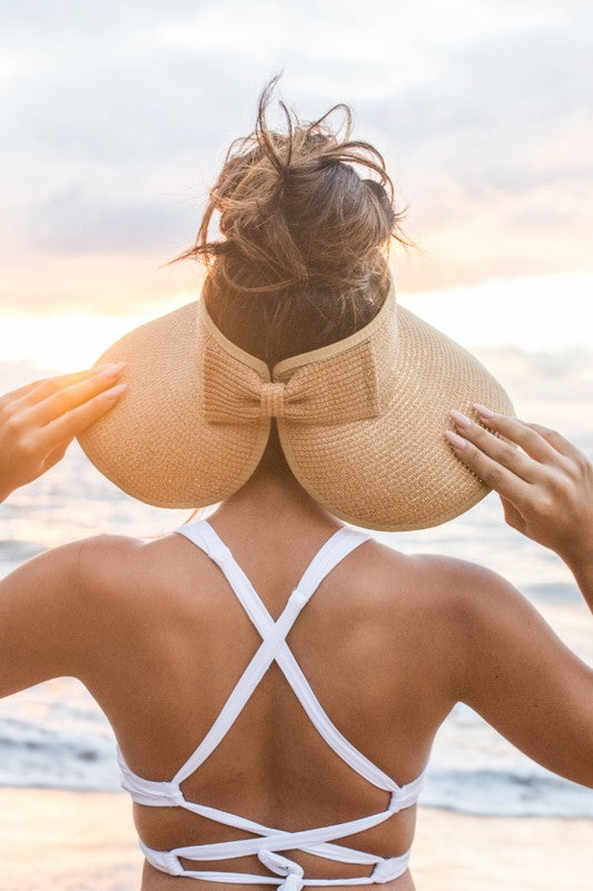 Straw Sun Hat-Foldable Visor with Wide Brim Bow