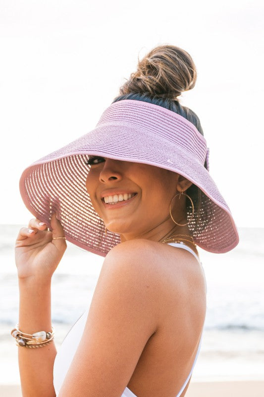 Straw Sun Hat-Foldable Visor with Wide Brim Bow