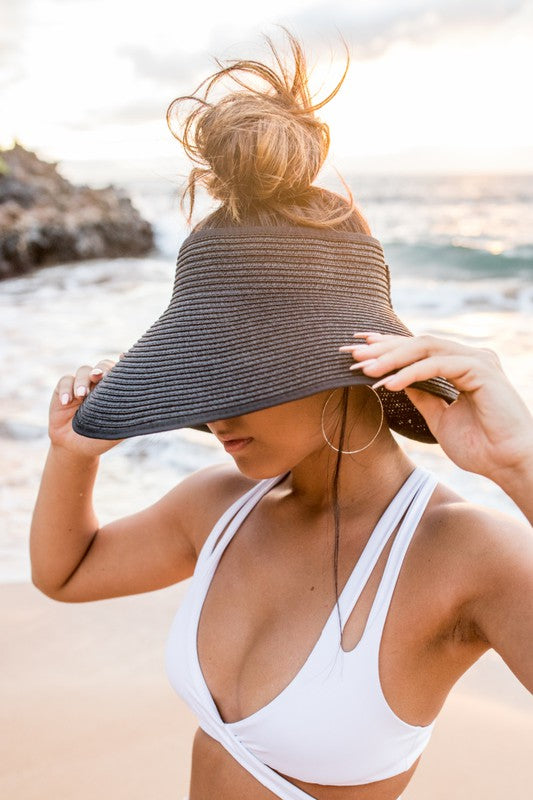 Straw Sun Hat-Foldable Visor with Wide Brim Bow