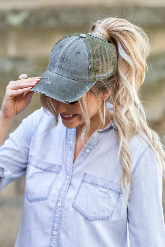 Distressed Denim Cap- Ponytail Denim Cap-Messy bun hat