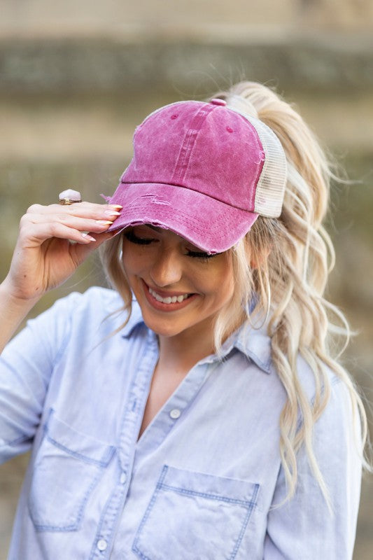 Distressed Denim Cap- Ponytail Denim Cap-Messy bun hat