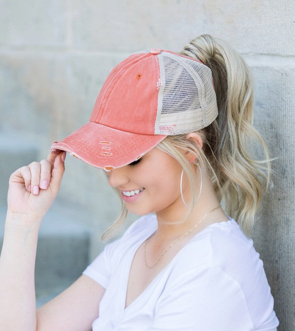 Distressed Denim Cap- Ponytail Denim Cap-Messy bun hat