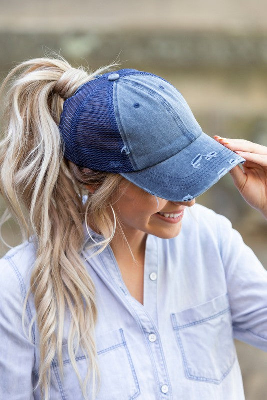 Distressed Denim Cap- Ponytail Denim Cap-Messy bun hat