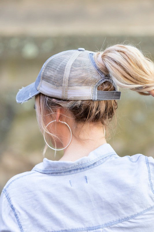 Distressed Denim Cap- Ponytail Denim Cap-Messy bun hat