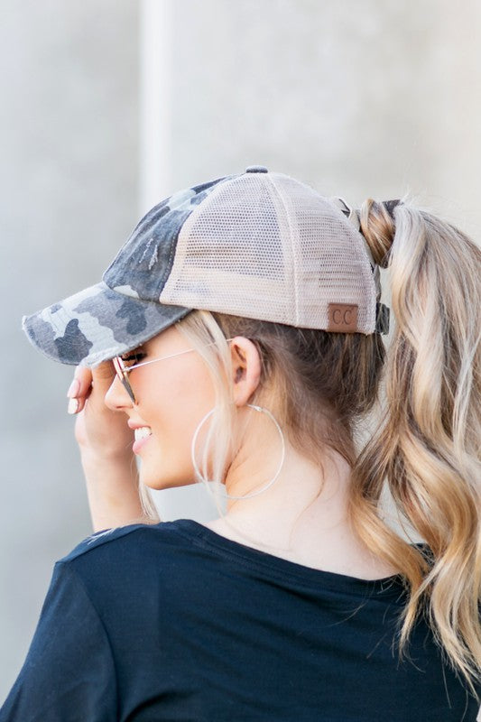 CC Camo Criss-Cross Ponytail Ball Caps