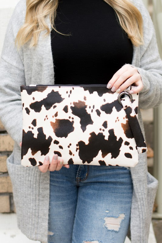 Cow Print Clutch-Oversized Clutch Bag-Wristlet-Clutch Soft Vegan PU Leather