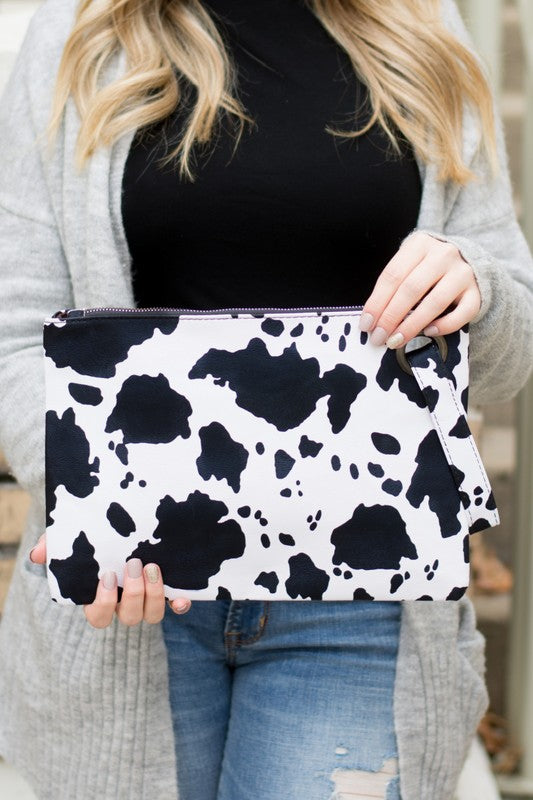 Cow Print Clutch-Oversized Clutch Bag-Wristlet-Clutch Soft Vegan PU Leather