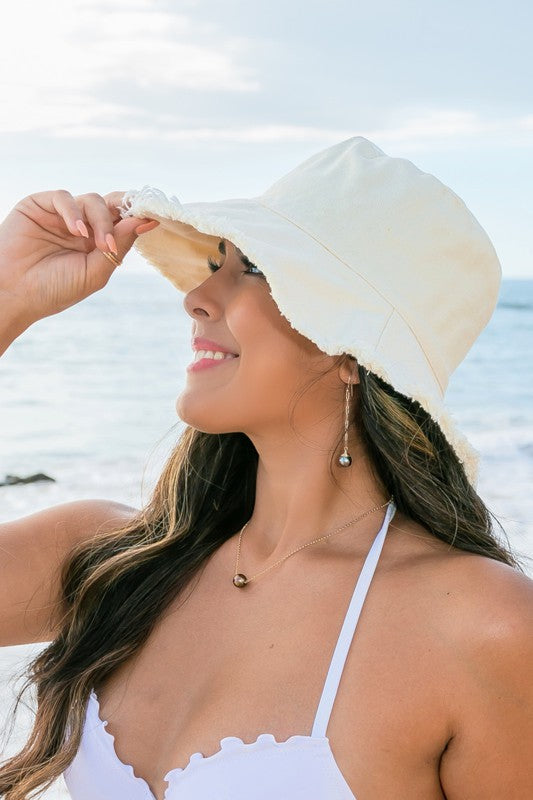 Denim Bucket Hat with Frayed Edge