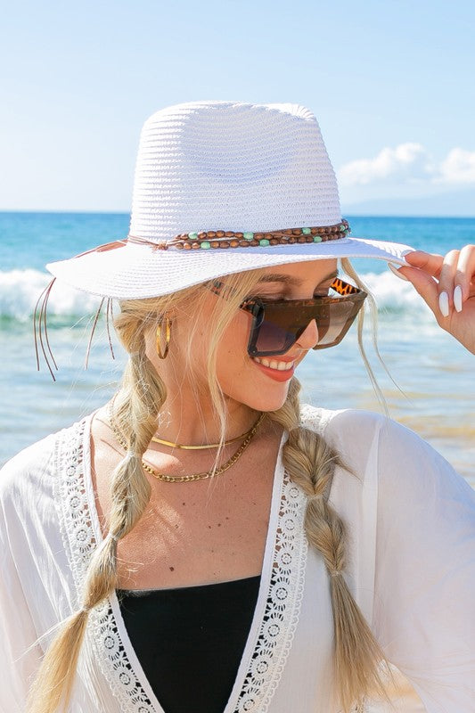 Straw Fedora Hat-Beaded Panama Hat