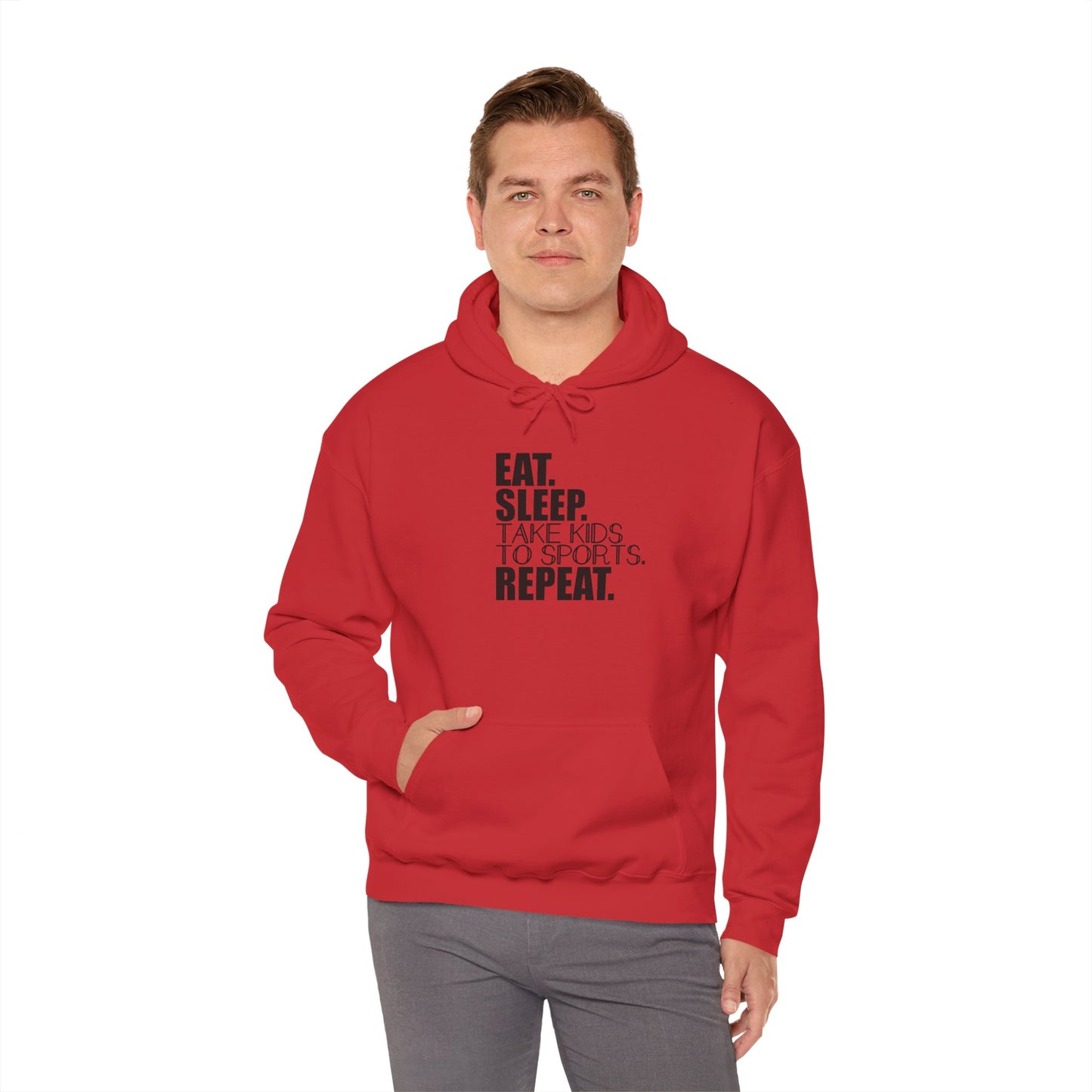 Unisex Heavy Blend™ Hooded Sweatshirt Reads, " Eat. Sleep. Take Kids to Sports. Repeat.