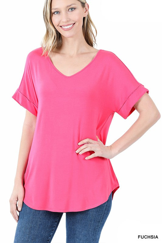 Luxe Rayon Short Cuff Sleeve V-Neck Round Hem Top