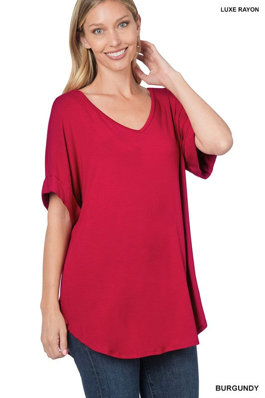 Luxe Rayon Short Cuff Sleeve V-Neck Round Hem Top