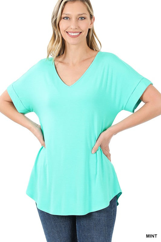 Luxe Rayon Short Cuff Sleeve V-Neck Round Hem Top