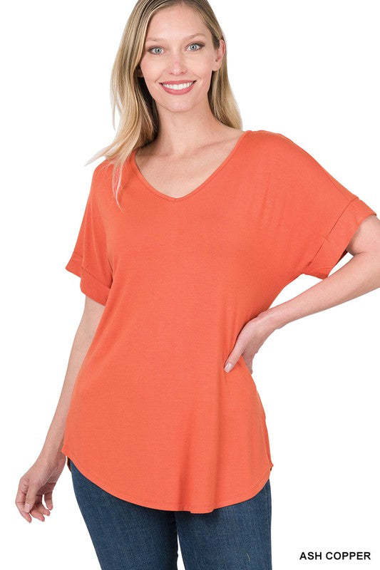 Luxe Rayon Short Cuff Sleeve V-Neck Round Hem Top