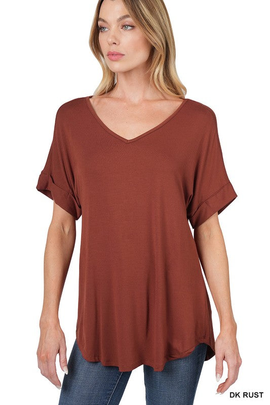 Luxe Rayon Short Cuff Sleeve V-Neck Round Hem Top