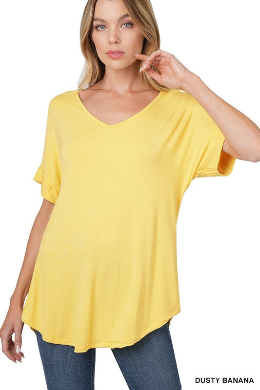 Luxe Rayon Short Cuff Sleeve V-Neck Round Hem Top