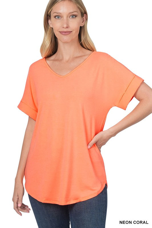 Luxe Rayon Short Cuff Sleeve V-Neck Round Hem Top