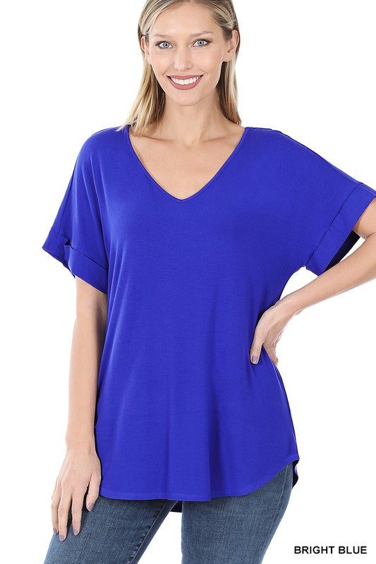 Luxe Rayon Short Cuff Sleeve V-Neck Round Hem Top