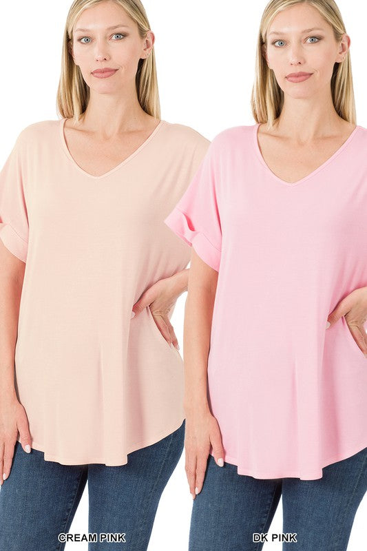 Luxe Rayon Short Cuff Sleeve V-Neck Round Hem Top