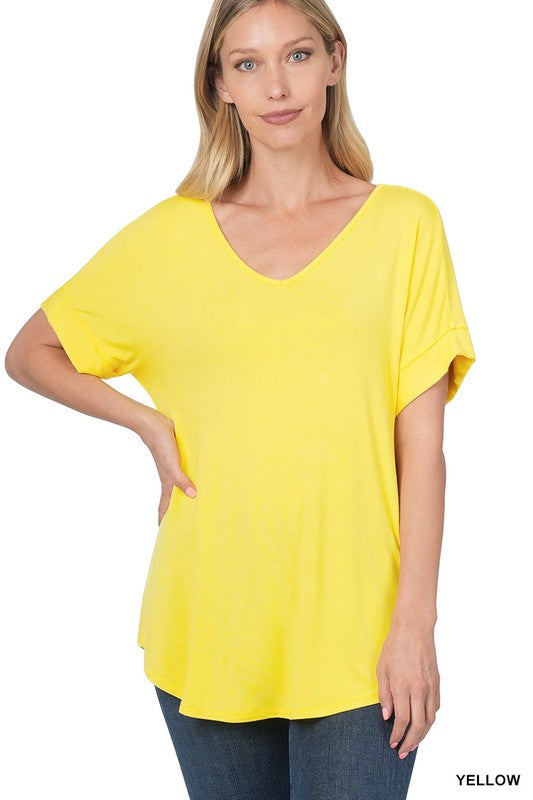 Luxe Rayon Short Cuff Sleeve V-Neck Round Hem Top