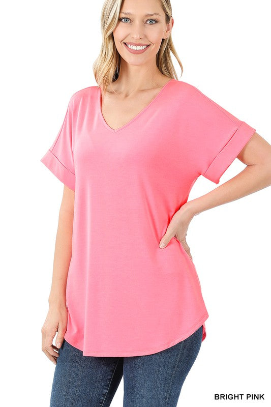 Luxe Rayon Short Cuff Sleeve V-Neck Round Hem Top