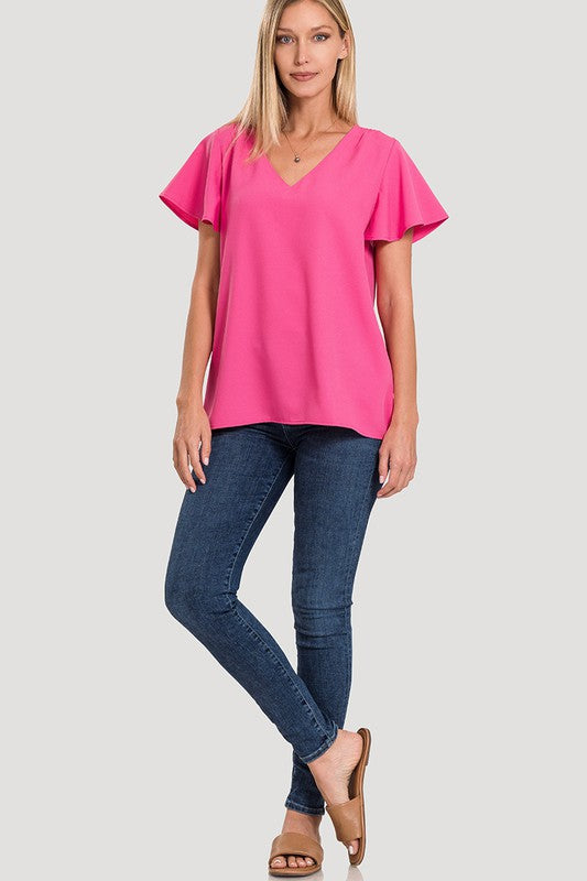 Woven Flutter Sleeve V-Neck Top