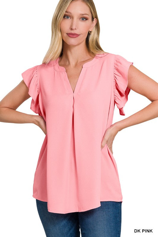 V-Neck Woven Wool Peach Ruffle Sleeve Top