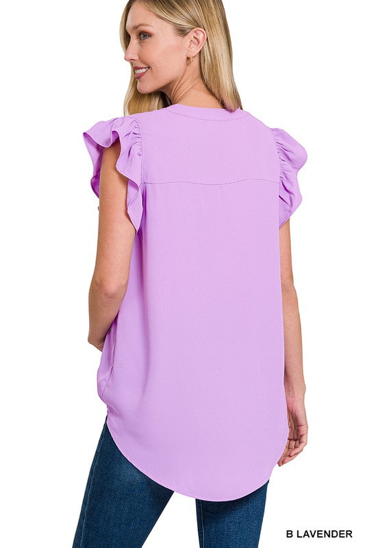 V-Neck Woven Wool Peach Ruffle Sleeve Top