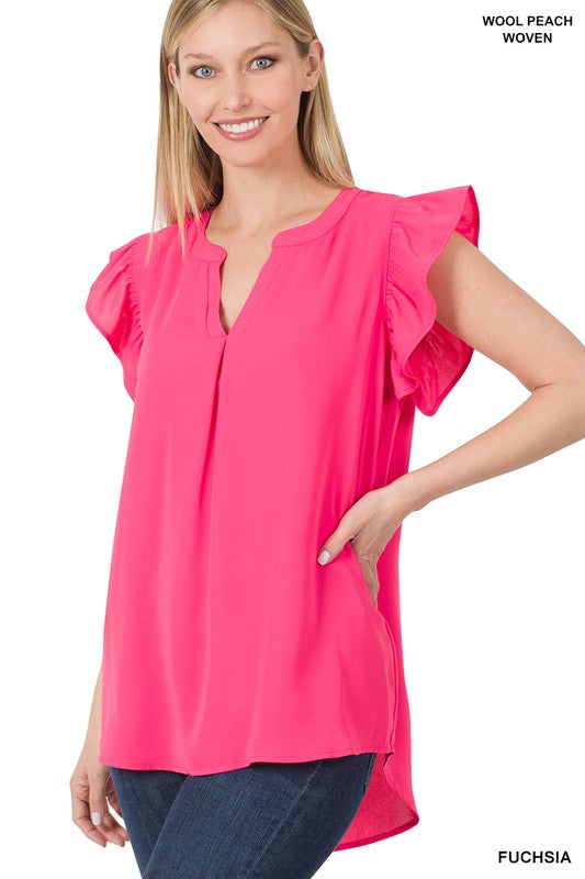 V-Neck Woven Wool Peach Ruffle Sleeve Top