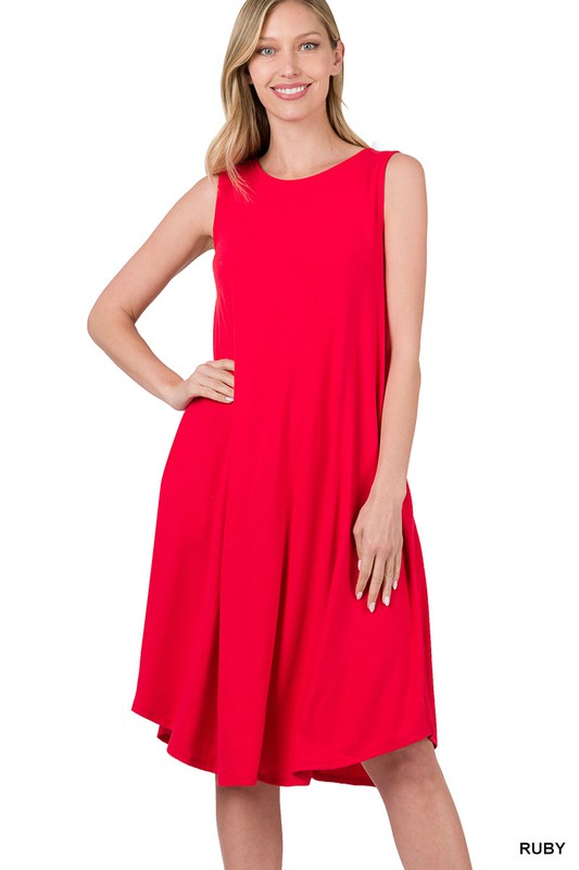 Midi Dress Sleeveless Round Neck Round Hem