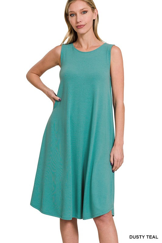 Midi Dress Sleeveless Round Neck Round Hem