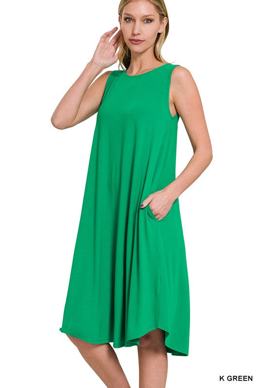 Midi Dress Sleeveless Round Neck Round Hem