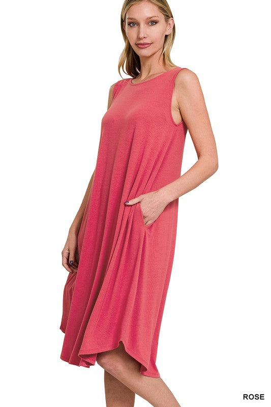 Midi Dress Sleeveless Round Neck Round Hem