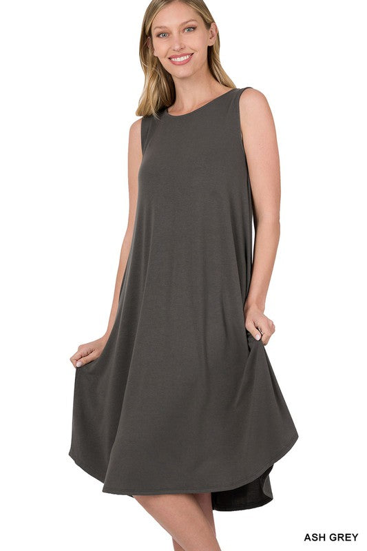 Midi Dress Sleeveless Round Neck Round Hem