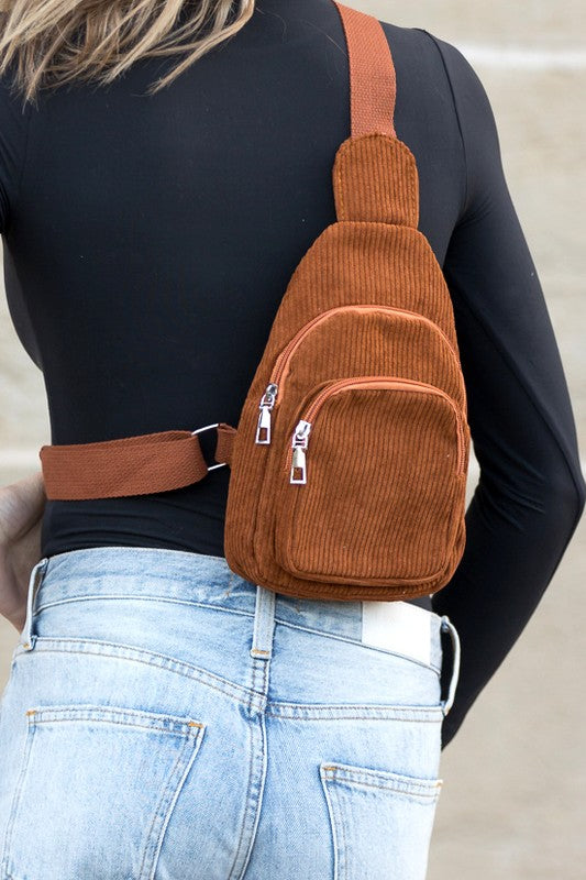 Corduroy Sling with Double Zip-Corduroy Crossbody Bag-Shoulder Bag