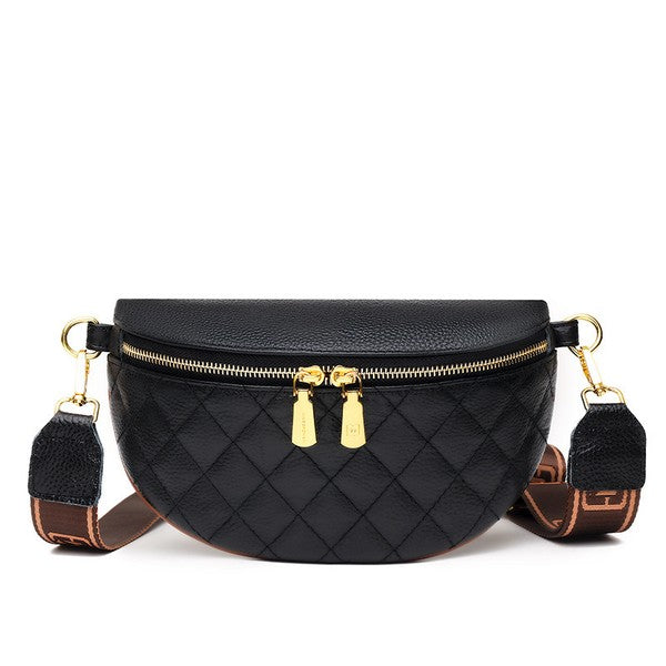 Crescent Sling Bag in Quilted Genuine Leather-Leather Crossbody with Guitar Strap-Shoulder Bag