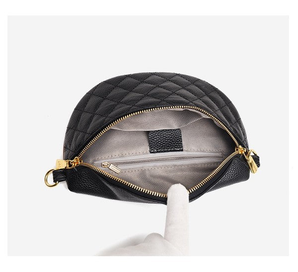 Crescent Sling Bag in Quilted Genuine Leather-Leather Crossbody with Guitar Strap-Shoulder Bag