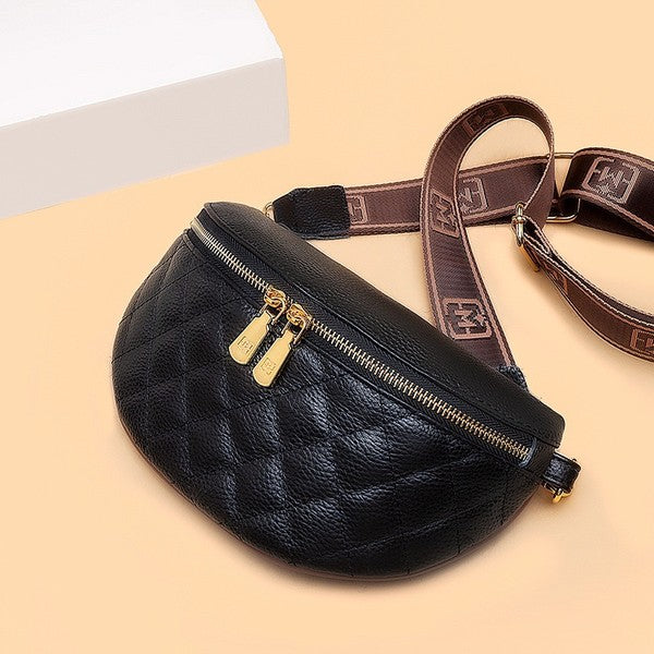 Crescent Sling Bag in Quilted Genuine Leather-Leather Crossbody with Guitar Strap-Shoulder Bag