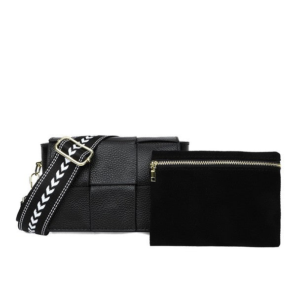 Leather Crossbody Cross Weave-Crossbody Leather Fold-over Bag-Crossbody with Guitar Strap