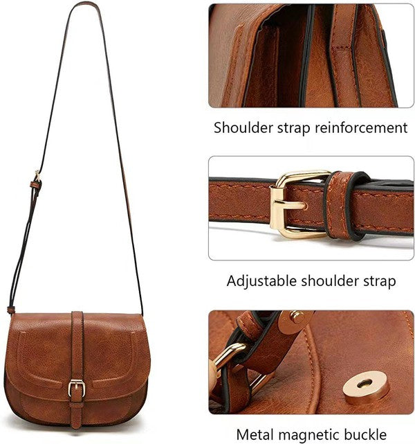 Crossbody Fold-over with Buckle Accent-Shoulder Bag-Vegan Leather Purse