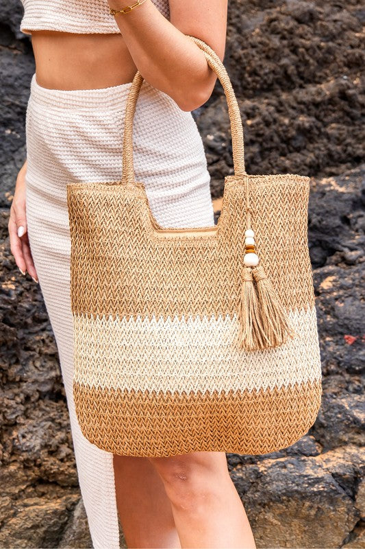 Woven Straw Tote-Two-Tone Straw Tote