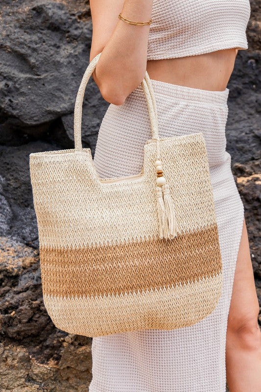 Woven Straw Tote-Two-Tone Straw Tote