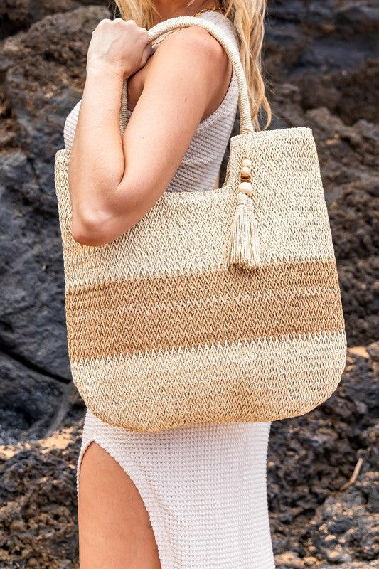 Woven Straw Tote-Two-Tone Straw Tote