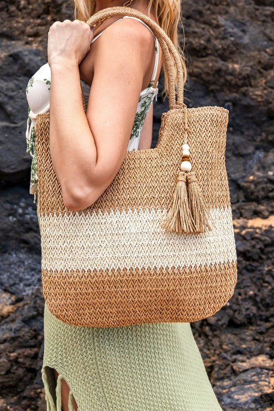 Woven Straw Tote-Two-Tone Straw Tote