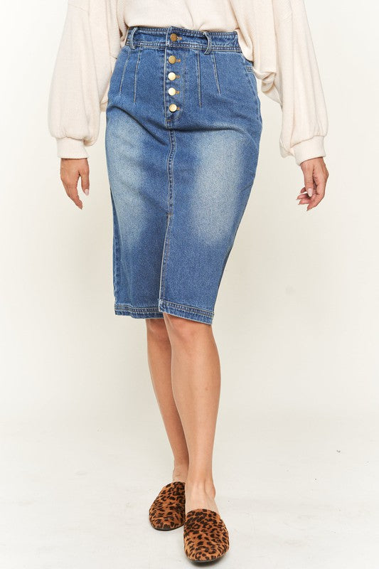 Denim Midi Skirt Button Down Front