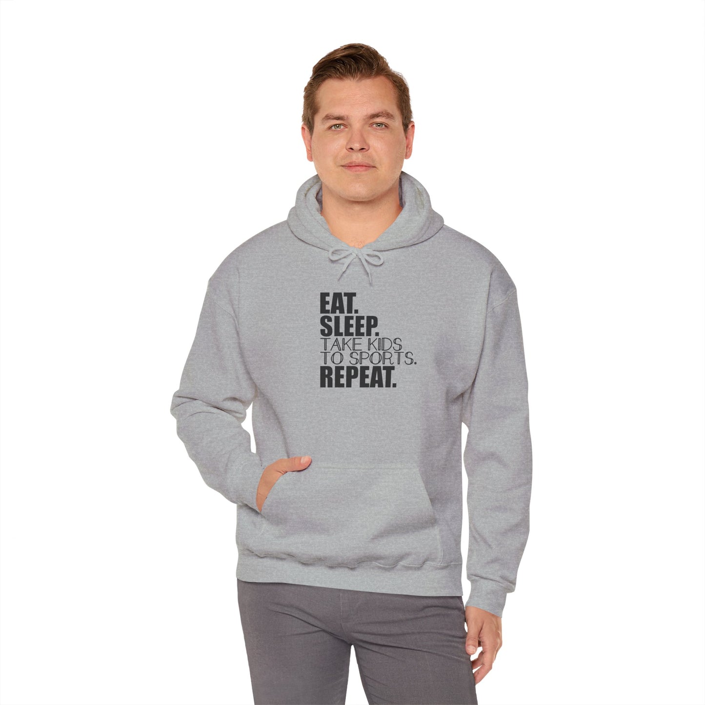 Unisex Heavy Blend™ Hooded Sweatshirt Reads, " Eat. Sleep. Take Kids to Sports. Repeat.